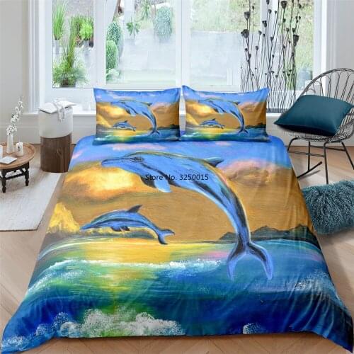 3D Duvet Cover Sets Blue Sea Animal Dolphin Quilt Covers Comforter Case Set King Queen Full Double Single Size 2-3 Pcs