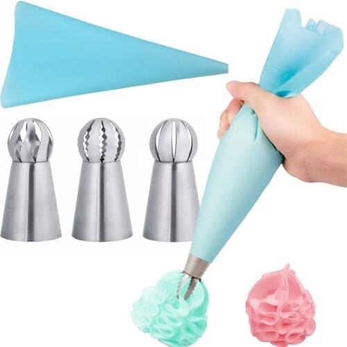 4pcs/set Sphere Ball Shape Piping Nozzles Russian Flower Pastry Nozzles Cupcake Decorating Tips Set Cream Silicone Pastry Bags