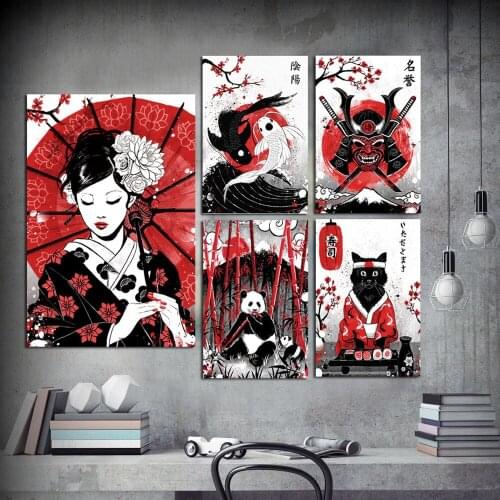 Wall Art Canvas Painting Posters and Prints Decorative Wall Pictures Home Decoration Modern Art Ruby Geisha Japanese Samurai