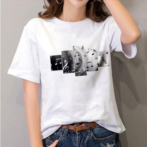 2020 New Summer Harajuku White Tshirt Creative Musical Notes Print T-shirts Casual Tops Female Fashion T Shirt Women Clothing