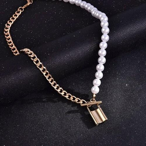 2021 New Lock Pendant Baroque Pearl Chain Necklace Women Collar Wedding Punk Clasp Circle Lariat Bead Choker Necklaces Jewelry