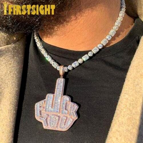 New Iced Out Bling Full 5A Zircon CZ Letter FY Finger Pendant Necklace Vertical Middle Finger Charm Men Fashion Hiphop Jewelry