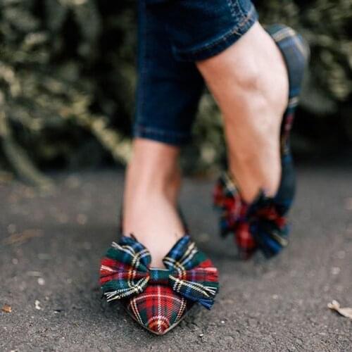 Autumn Womens Classic Red Blue Bow Pointed Plaid Shallow Mouth Flat Comfort Dress Retro Fashion Banquet 2019 Large Size 4-16