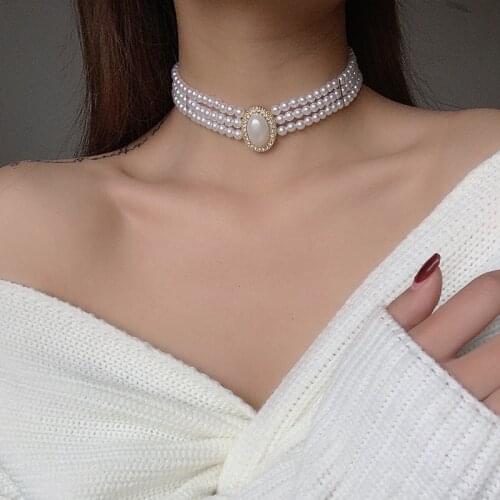 SRCOI Trendy Multilayers Imitation Pearl Necklace Vintage Palace Style Temperament Rhinestone Choker Women Party Jewelry Gift