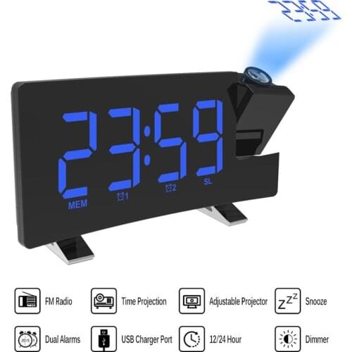 Projection Alarm Clock Digital Ceiling Display 180 Degree Projector Dimmer Radio Battery Backup