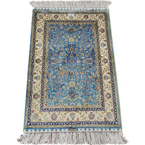 Seeykeep™ 2x3ft Rectangle Silk Handknotted Rug With Elegant Floral Pattern On Azure Backcolor -NY3016277