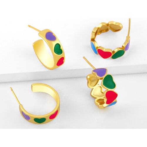 FLOLA Heart Earrings For Women Green Red Small Love Heart Hoop Earrings Gold Plated Jewelry Gift ersx14