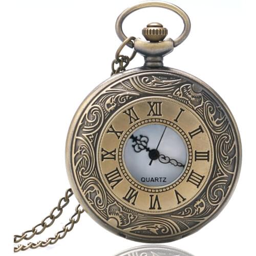 Steampunk Vintage Bronze Roman Number Carved Case Antique Retro Quartz Pocket Watch Long Necklace Pendant Chain Men Women Gift