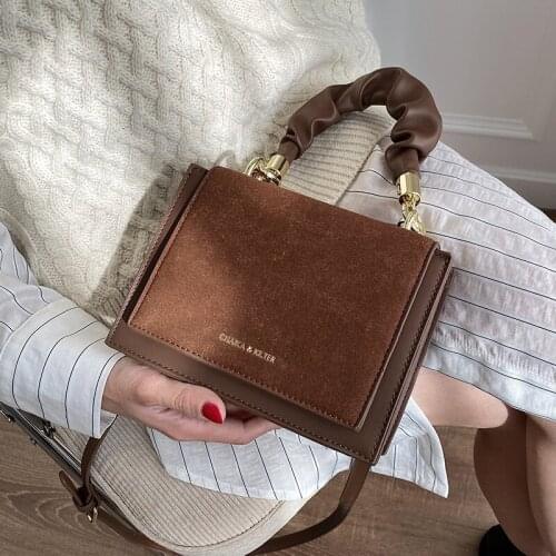 Scrub Leather Crossbody Bags for Women Pleated Handle Womens Handbags Small Square Women Shoulder Bag Casual Ladies Hand Bags