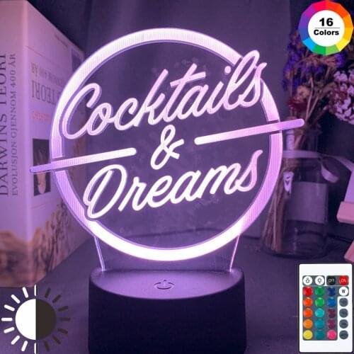Cocktails & Dreams Led Night Light Sign for Bar Decoration Acrylic Laser Engraving Usb Battery Powered Table Lamp Color Changing