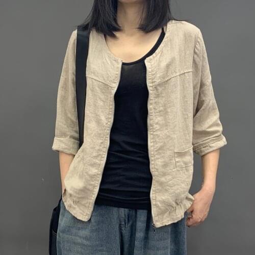 Thin cardigan Cotton Linen Women Coat 2021 Summer Loose Three Quarter Sleeve Sunscreen Women Blouse YoYiKamomo