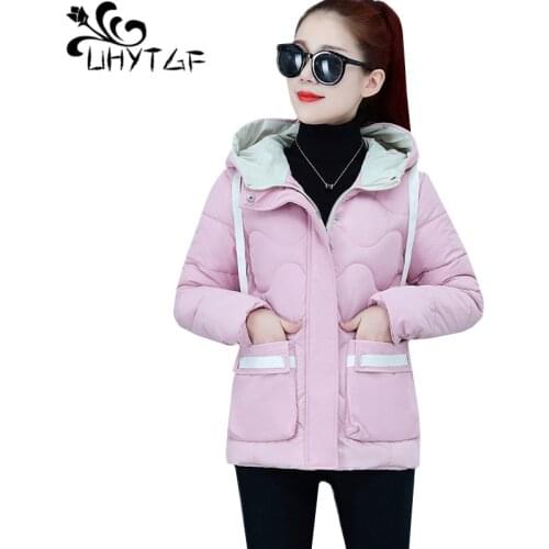 UHYTGF Parker Women Student Plus Size Cotton Coat Hooded Down Jacket Casual Warm Winter Outerwear Sweet Elegant Short Tops 1086