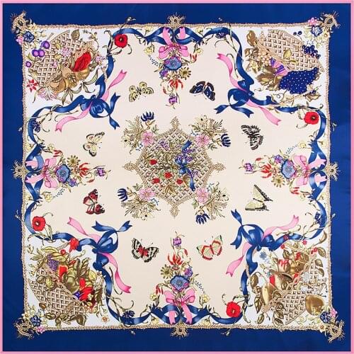 Spring Square Scarf 130cm Twill Silk Scarf Women Luxury Brand Design Kerchief Scarves For Ladies Fashion Flower Shawl Echarpe