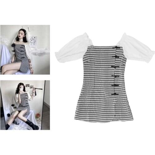 Nightclub Dress Vintage Plaid Mini Cheongsam Puff Sleeves Off Shoulder Party