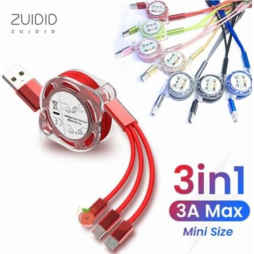 6 Colors 3-in-1 Charging Cable Retractable USB Type C Lighting 2.4A Fast Charge 1M Data Line Phone Accessories