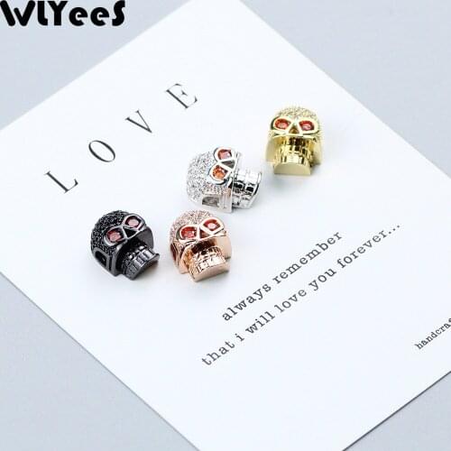 WLYeeS 2pcs White Zircon Skull Pendant Charm Copper beads Red eyes CZ Metal Spacer Loose bead Jewelry bracelet&Bangle making DIY