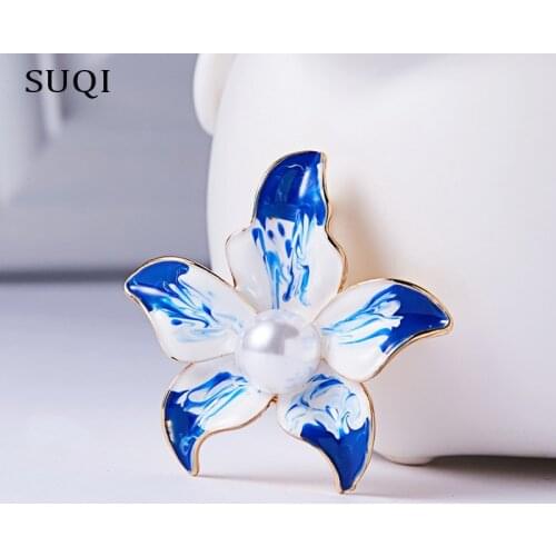 SUQI Vintage personality exquisite orchid Brooch Imitation Pearl flower Enamel brooches Pin for Womens Jewelry accessories 2019