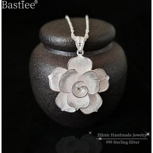 Bastiee 999 Sterling Silver Flower Pendant For Women Retro Necklace Pendants Vintage Handmade Luxury Miao Jewelry Ethnic OEM ODM