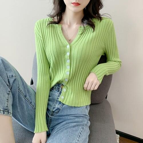 Women V-Neck Knitted Full Sleeve Sweaters Cardigans Lady Knit Short Stretchy Autumn Spring Outwear Knitwear Top for Female