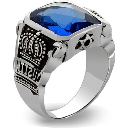 925 sterling silver ring obsidian cut faux blue crystal crown ring for men