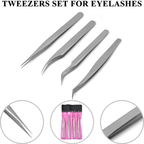 4pcs False Eyelash Tweezers Eyelash Extension Tweezers Precision Straight and Curved Pointed Stainless Steel Makeup Accessories