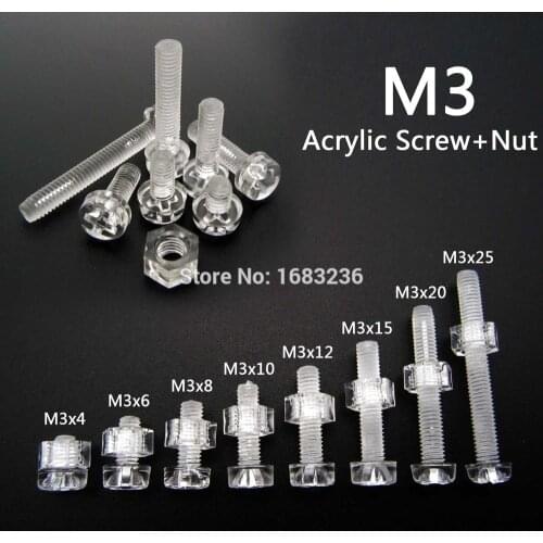 50set Acrylic Clear Plastic Nylon M3 Round Phillips Head Screw Bolt + Nut