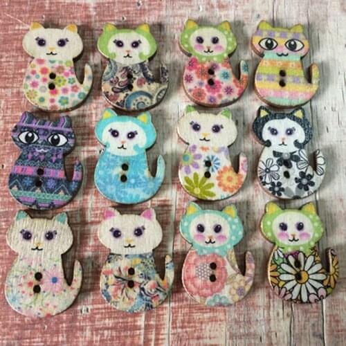 50PCs MIxed Color Cat Wooden Button 2 Holes DIY Scrapbooking Supplies Decorative Crafts Sewing Tools Crafts 30x22mm