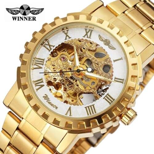 Skeleton Automatic Mechanical Winner Gold Men Dress Watch Stainless Steel Bracelet Sports Luxury Male Clock Business Wristwatch