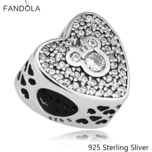 CKK 925 Sterling Silver Mickey & Minnie Sparkling Hear Charms Original Beads Fits For Bracelets Jewelry