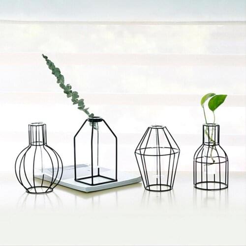 Flower Pot Iron Planter Test Tube Transparent Glass Hydroponic Geometric Flower Vase Stand Home Decoration Ornament