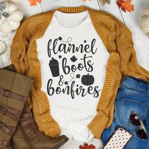 Flannel Boots & Bonfires T-shirt Cute Pumpkin Spice Graphic Tee Shirt Top Funny Autumn Women Thanksgiving Holiday Gift Tshirt