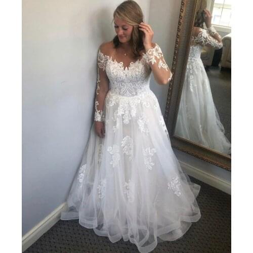 Illusion Lace Wedding Dress Plus Size A Line with Full Sleeve Tulle Appliques Backless Sweep Train Bridal Gown Custom Made 2021