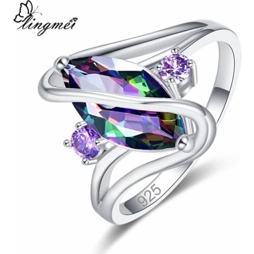 Lingmei Dropshipping Wedding Marquise Cut Multi Red Blue Green Cubic Zircon Silver Color Ring Women Size 6 7 8 9 10 11 12