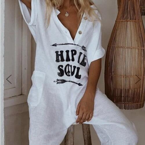 Oversize Linen Short Sleeve Womens Jumpsuits V-neck Printed Buttons Pockets Female Rompers 2020 Summer Casual Ladies Jumpsuit