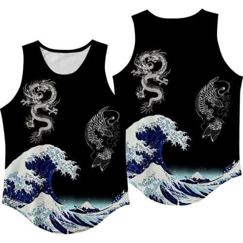 Wave Dragon Carp Printed Black Bodybuilding Fitness Singlets Tank Top Gyms Quick-Drying Breathable Sportswear Vest Oversize 6XL