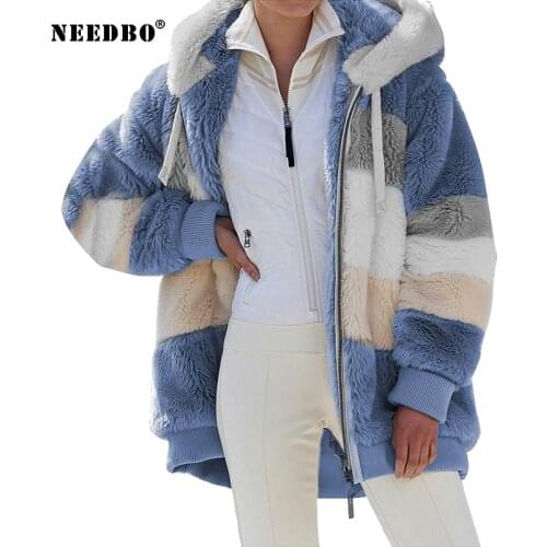 NEEDBO Hooded Jacket Women Fashion Loose Plush Warm Winter Women Coat Casual Multicolor Splicing Zipper Long Sleeve Ladies Coats