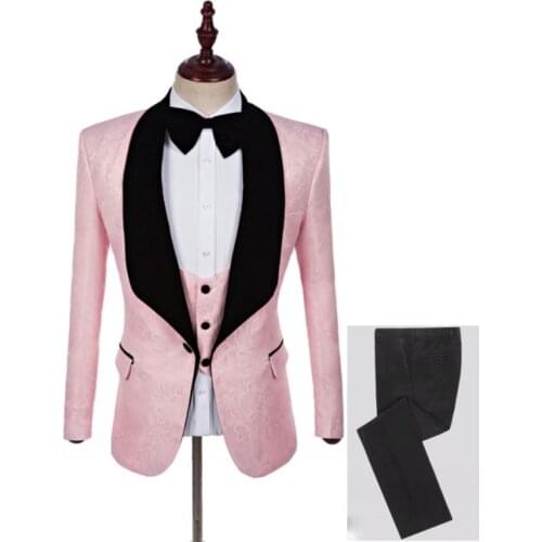 New Arrival One Button Pink Paisley Groom Tuxedos Groomsmen Shawl Lapel Mens Suits Blazers (Jacket+Pants+Vest+Tie) W:1252