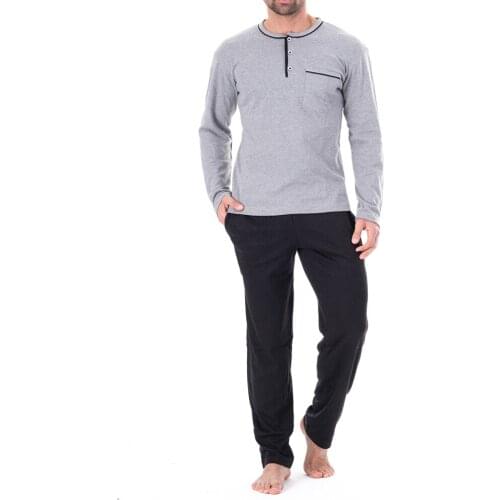 2021 New Season Long Sleeve Button Detailed Men Pajama Set Gray Black Man Pyjamas Homewear Cotton Winter Autumn 2 pieces Modern