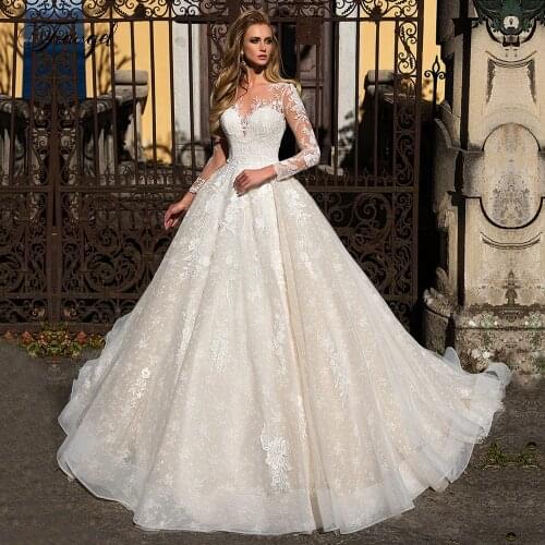 Traugel Luxury Scoop A Line Lace Wedding Dresses Elegant Chic Applique Long Sleeve Bride Dress Court Train Bridal Gown Plus Size