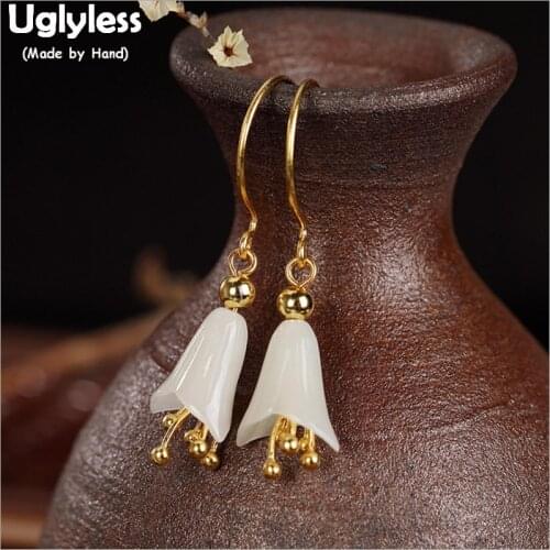 Uglyless Lily of the valley Floral Earrings for Women Natural Jade Flower Earrings Real 925 Sterling Silver Fine Jewelry E1320