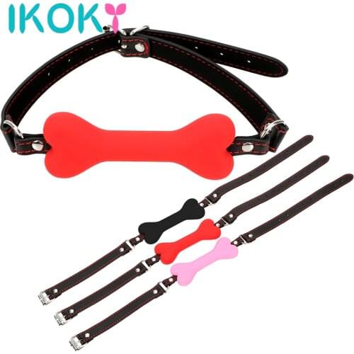 IKOKY Silicone Mouth Gag Dog Bone Ball Gag Leather Harness Couples Flirting Cute Mouth Plug Sex Products Adult Games Bondage