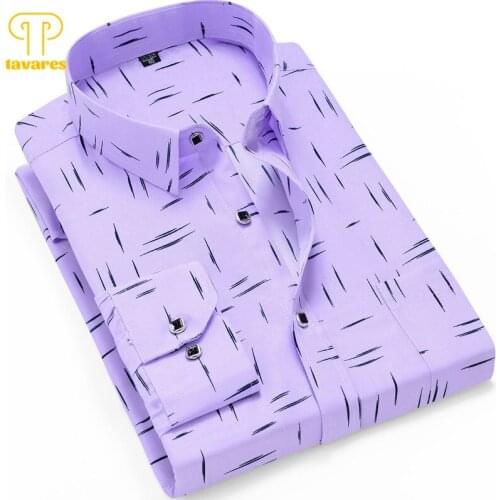 TAVARES Men Dress Shirts Plaid Striped Social Office Business Collared Shirt Long Sleeve Oversized White Blue Casual Shirt