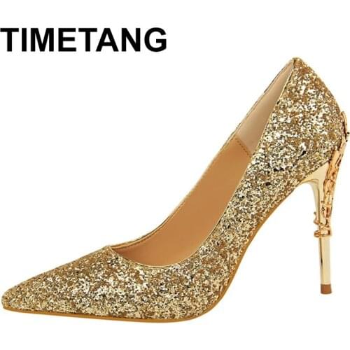 TIMETANGSexy nightclub womens shoes metal heel thin heel high heel shallow mouth pointed Sequin single shoes wedding shoes