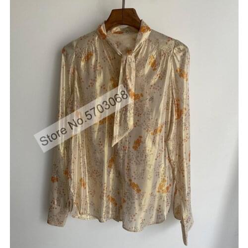 Ladies Viscose Blend Ribbons Neckties Floral Printed Long Sleeve Blouse Shirt Top