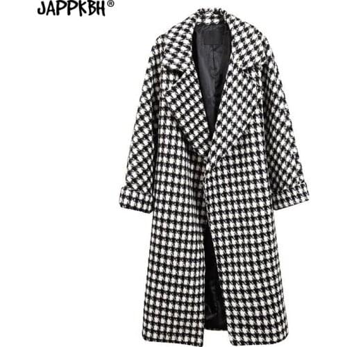 Women Long Plaid Wool Blend Coats Fashion Autumn Winter Thick Warm Jackets Female Casual Outwears Vintage 2021 Women Clothing