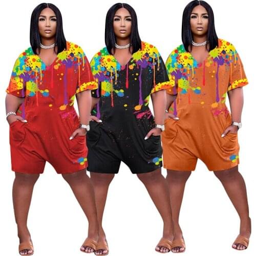 European and American Womens Fashion Casual Wide Body Pockets Splash Ink Positioning Printing Jumpsuit 3 Colors