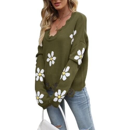 Women Autumn Sweater Flower V-Neck Long-Sleeves Knitted Loose Pullover Tops for Girls, 4 Colors