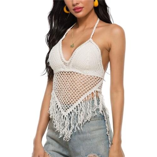 Meihuida Womans Beach Sling Camisole Swimwear Sexy V-neck Halter Backless Hollowed-out Tassel Slim Waistcoat Swimwear Top