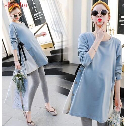 Shorha Spring wear new wave mom Korean fashion stitching shirt pregnant women dress Round neck loose cotton A-line dress