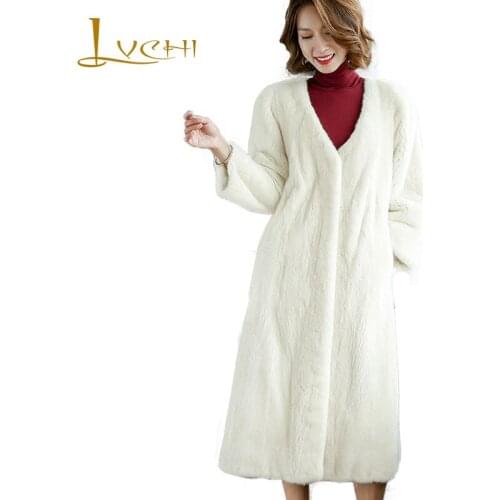 LVCHI Winter 2019 Imported Velvet Mink Coat Womens Natural Fur Coat Mink Coat Slim V-Neck Pure White Loss X-Long Mink Fur Coats